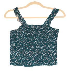 Shein Tank Top Womens Large Green Floral Smocked Ruffle Strap Crop Shirt
